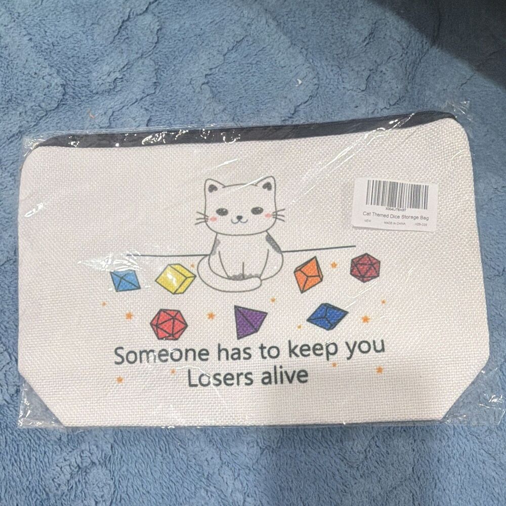 White Zipper Makeup Bag Cat Dice "Keep you Losers alive"